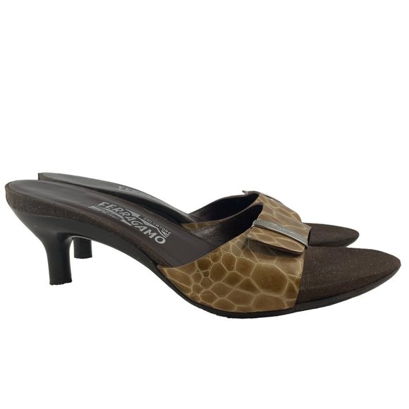 SALVATORE FERRAGAMO Crocodile Print Brown Leather Open Toe Kitten Heel Size 9 - Picture 4 of 13